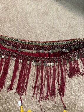 Burgundy Coin Fringe Belt with Beaded Trim